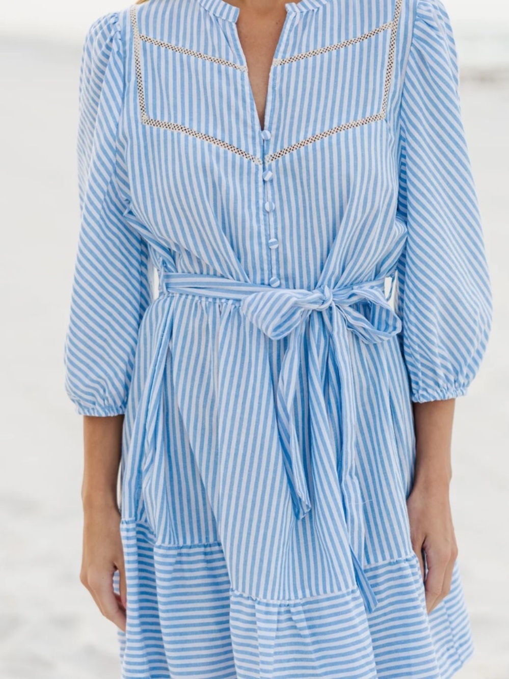 Striped Tie-Waist Midi Dress in Light Blue